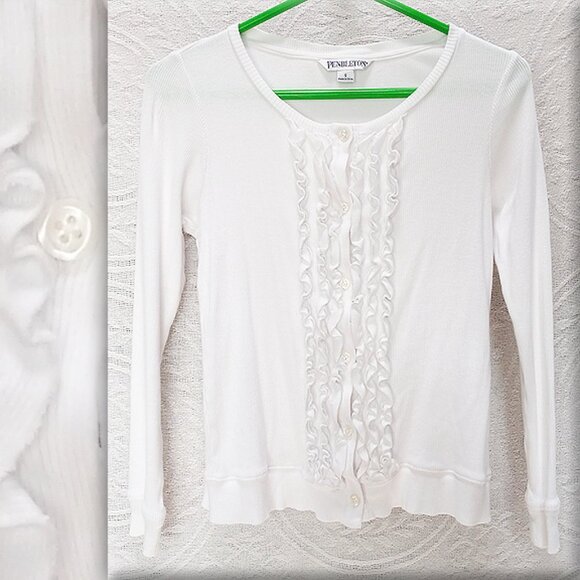 Snow White Ribbed Long Sleeved Shirt W/ Ruffled Front & Buttons Size S (T-380) - Picture 1 of 11